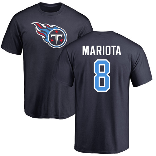 Tennessee Titans Men Navy Blue Marcus Mariota Name and Number Logo NFL Football #8 T Shirt